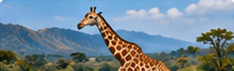 Giraffe in open savanna with hills behind
