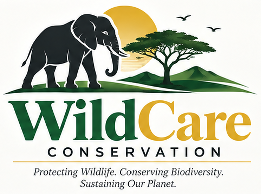 WildCare Conservation logo: African elephant beneath an acacia tree and golden sun